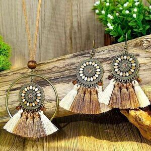 Boho Tassel Necklace & Earrings Set Festival Southwestern Fringe Jewelry
